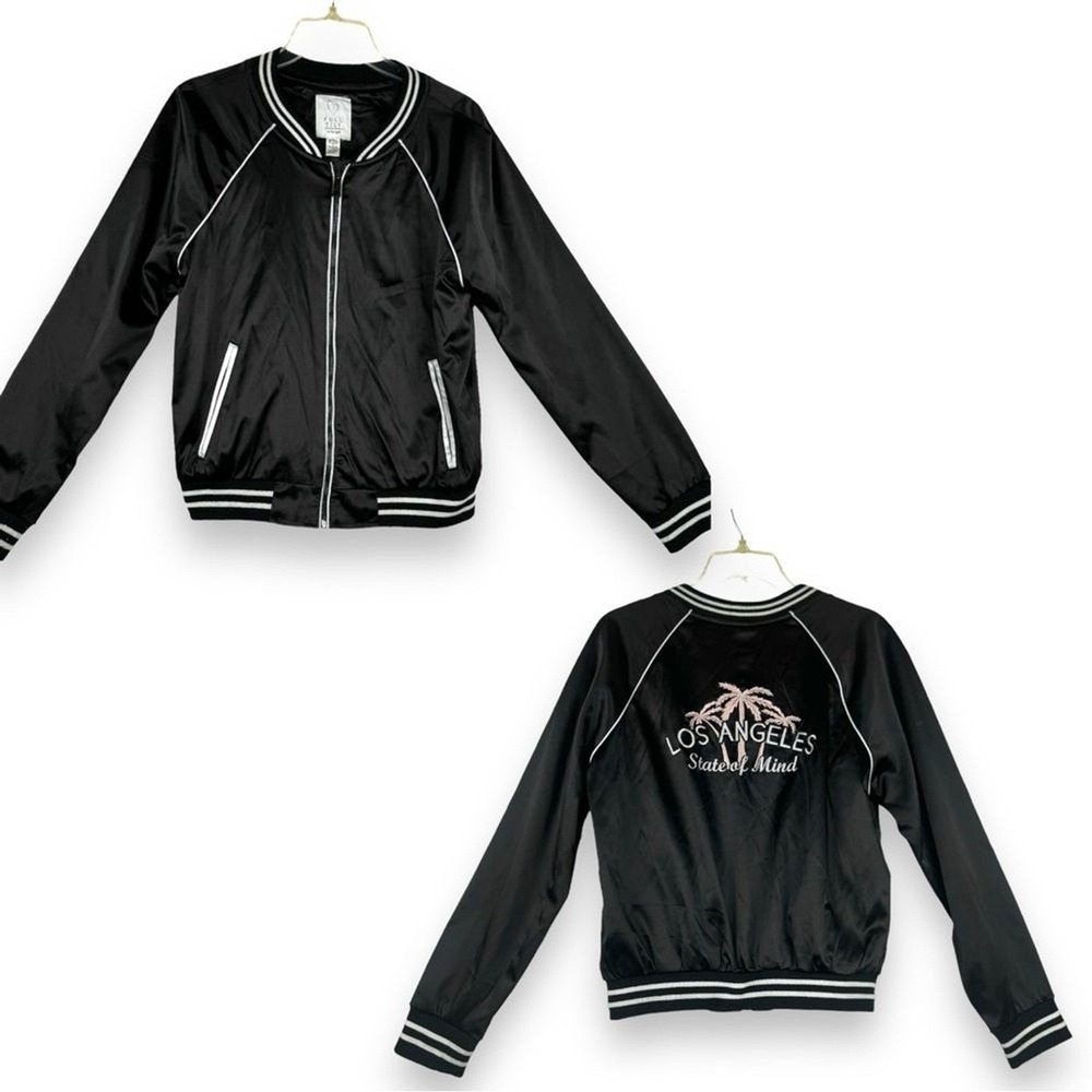 Full Tilt Bomber Jacket Womens Size XL Palm Tree‎ Embroidered Black Satin Y2K